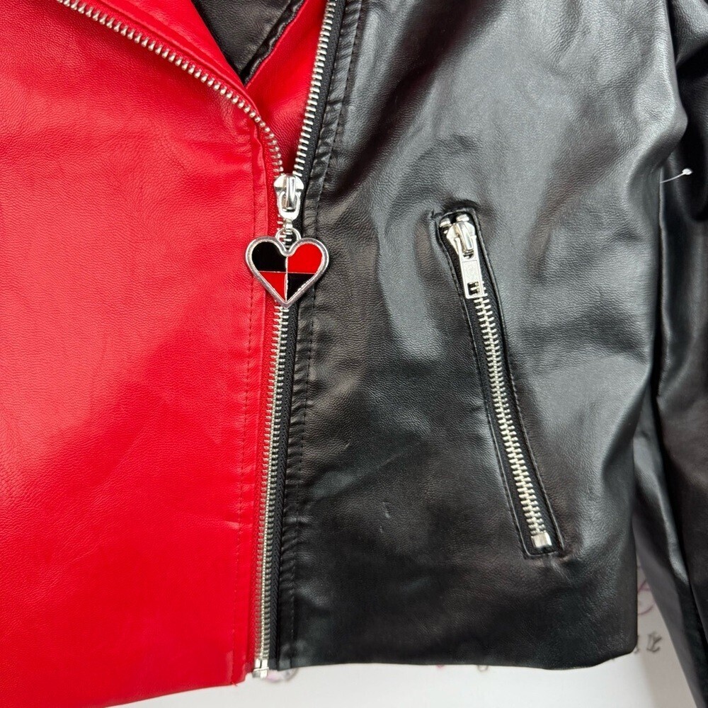 Spirit Halloween two tone red Black Faux Leather Moto Jacket with Heart Zip - Picture 8 of 10